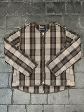 Everlane The Quilted Cotton Liner Jacket Plaid Abalone Black Earth Brown small